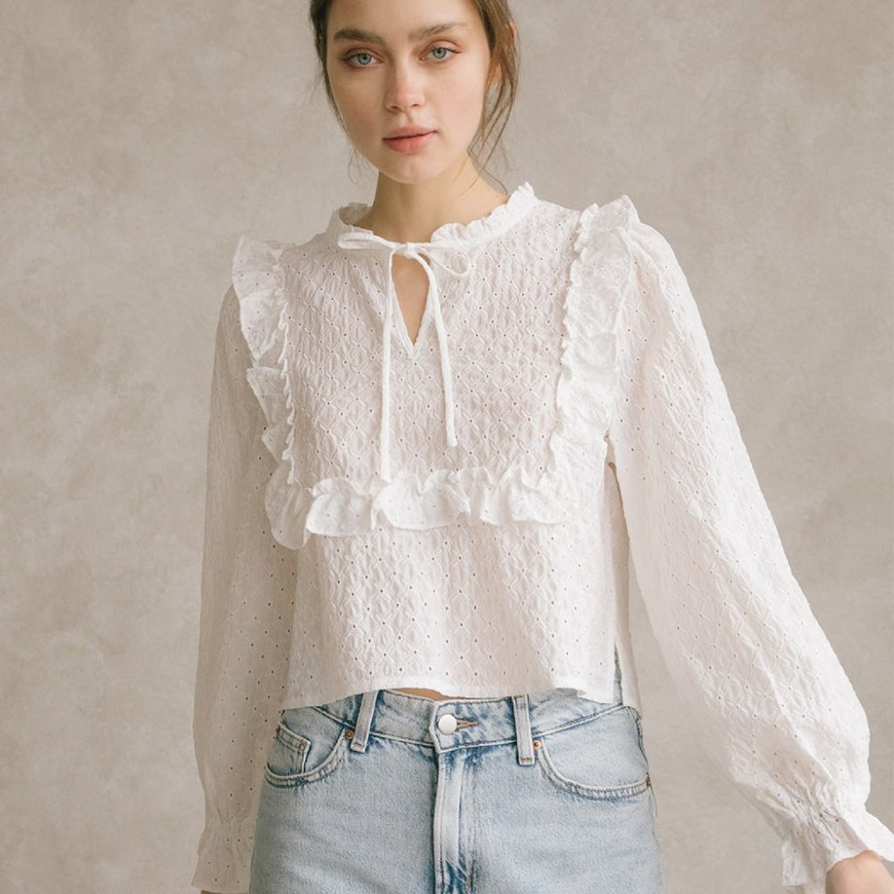 White Lace Peplum Blouse with Ruffle Trim
